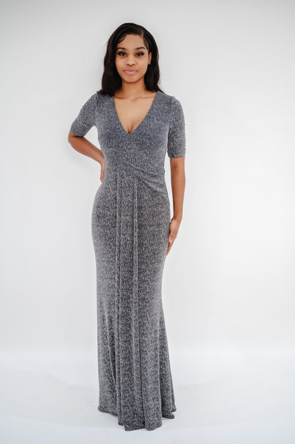 Betsy & Adam EMMA Long V-Neck Glitter Dress