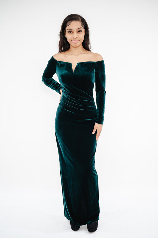 XSCAPE Velvet Off-The-Shoulder Gown