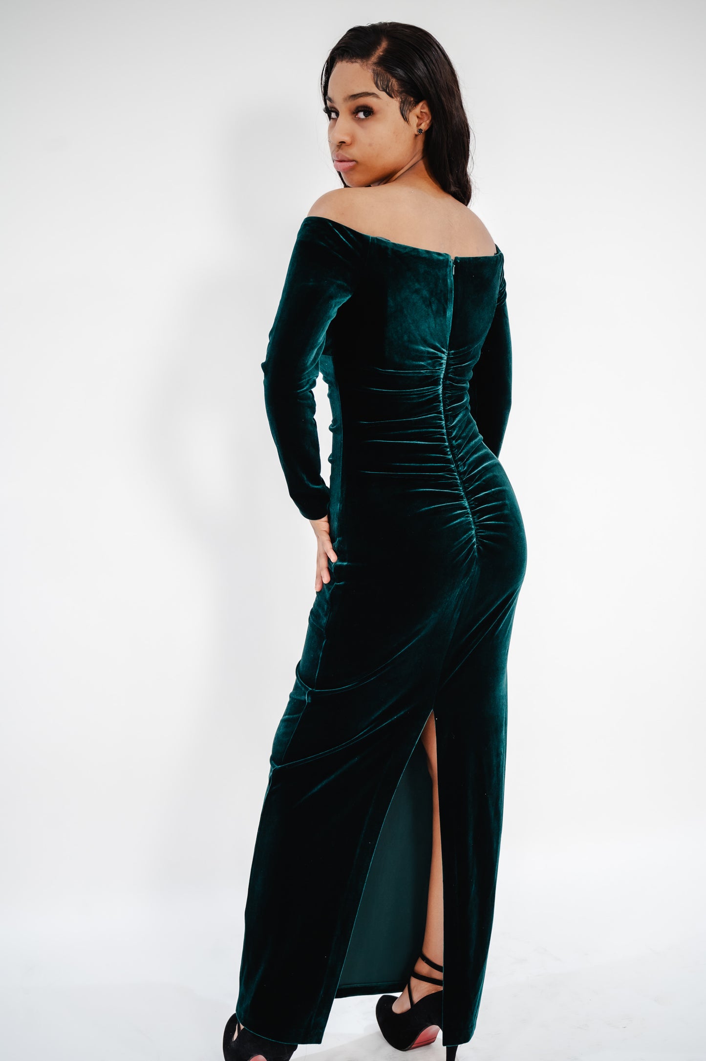 XSCAPE Velvet Off-The-Shoulder Gown