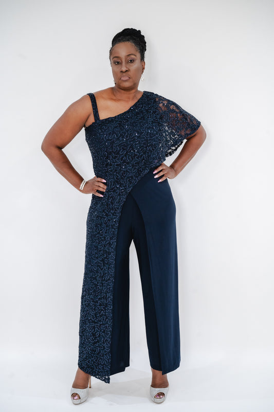 R & M RICHARDS One-Shoulder Metallic Jumpsuit