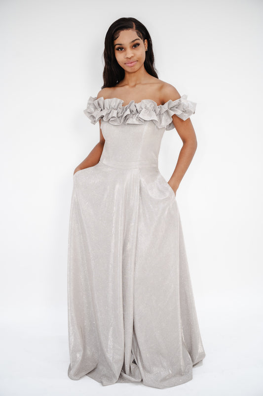 XSCAPE Petite Metallic Ruffled Off-The-Shoulder Gown