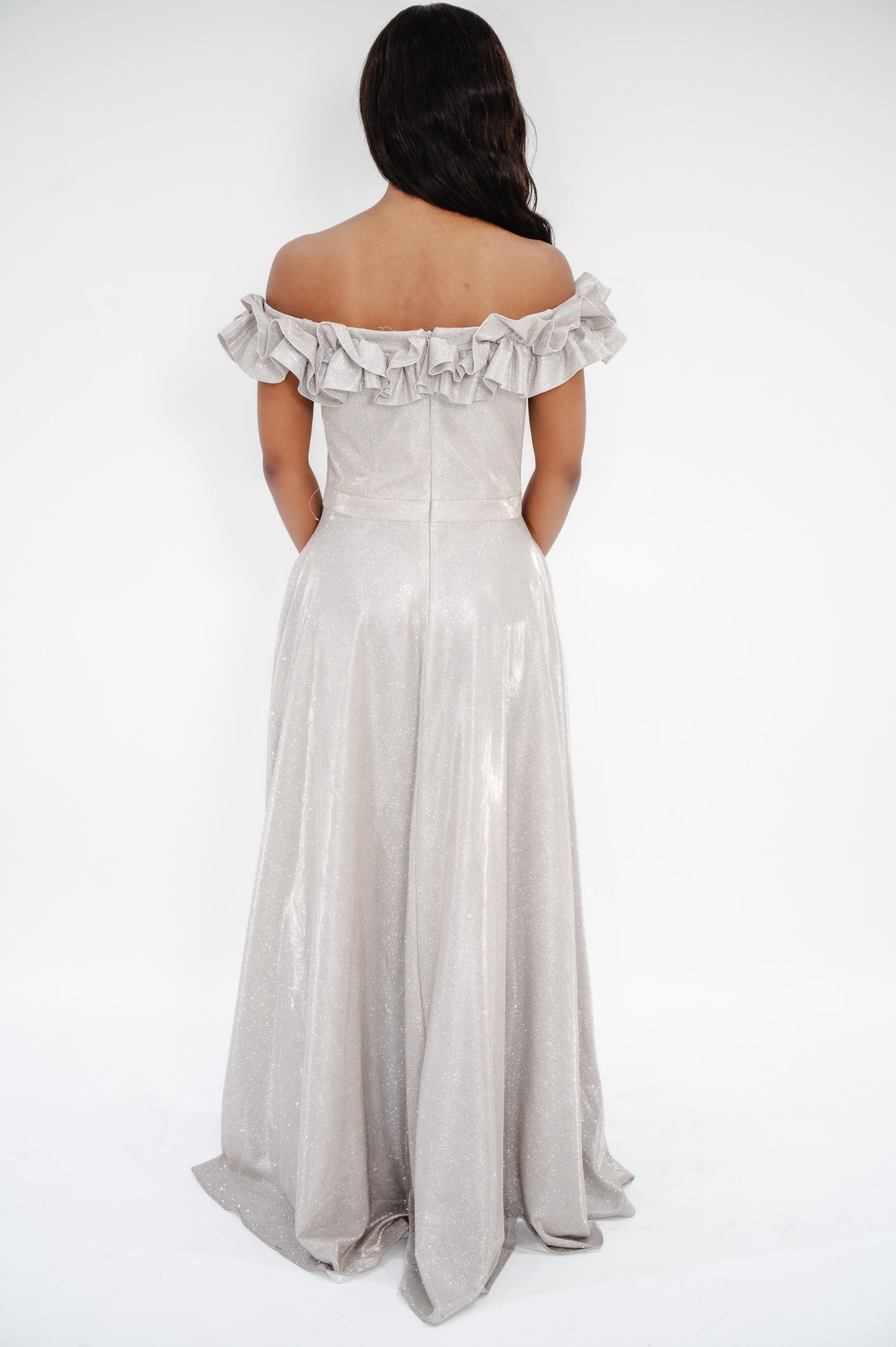 XSCAPE Petite Metallic Ruffled Off-The-Shoulder Gown