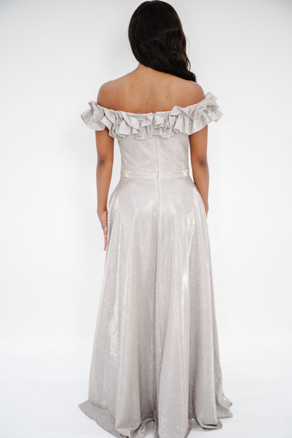 XSCAPE Petite Metallic Ruffled Off-The-Shoulder Gown