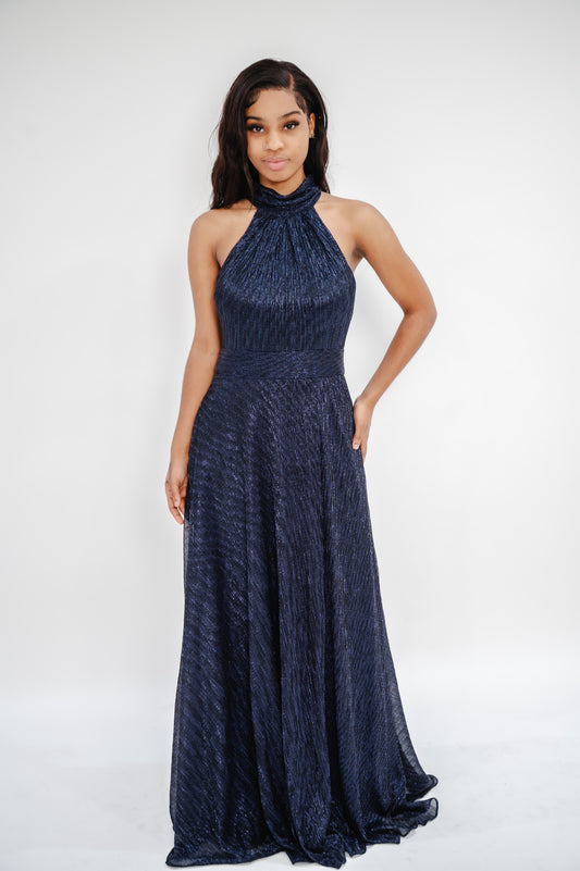 BETSY & ADAM Halter Mock Neck Crinkle Faux Wrap Gown