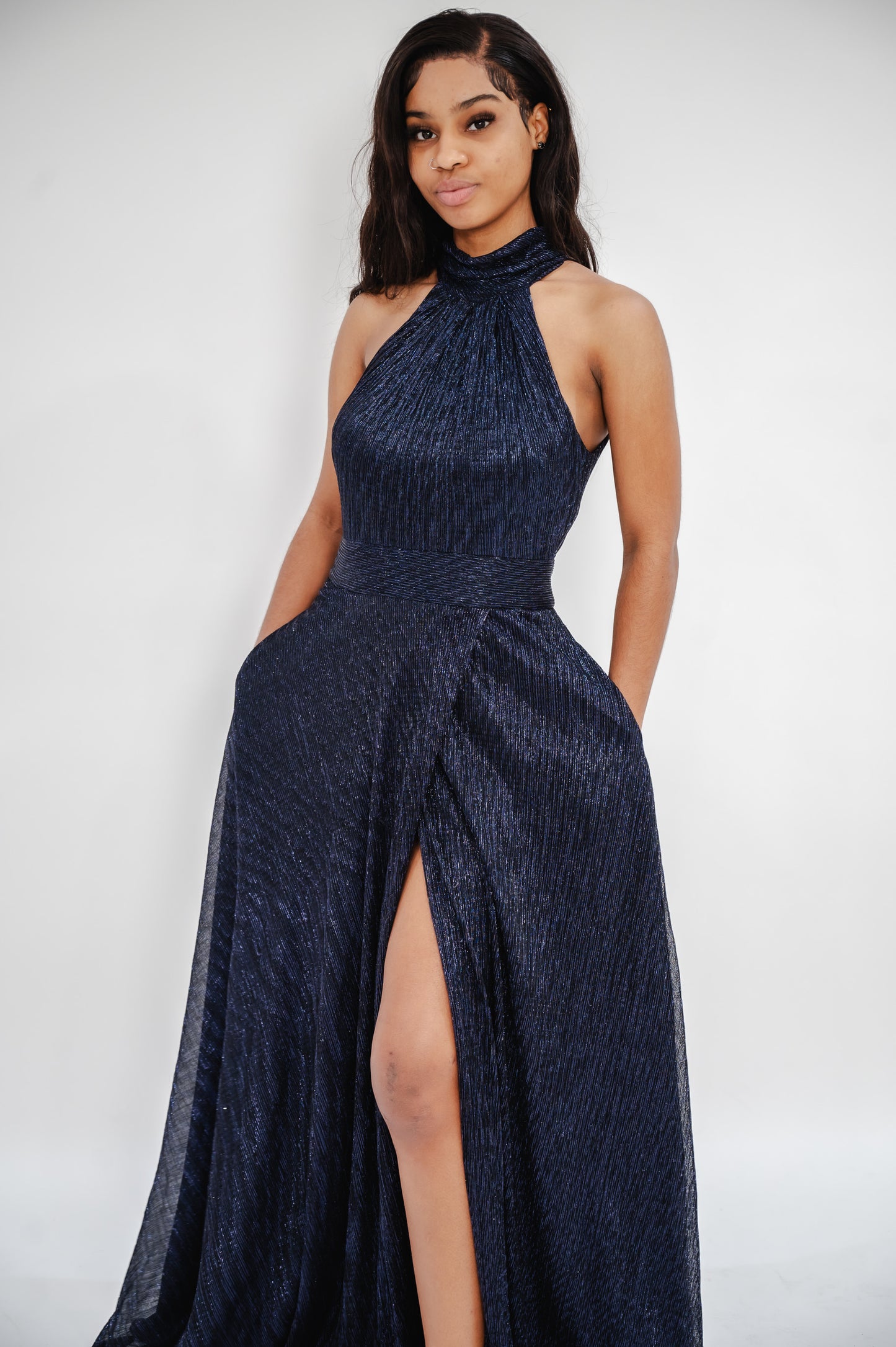 BETSY & ADAM Halter Mock Neck Crinkle Faux Wrap Gown