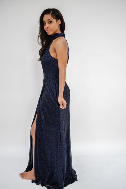 BETSY & ADAM Halter Mock Neck Crinkle Faux Wrap Gown