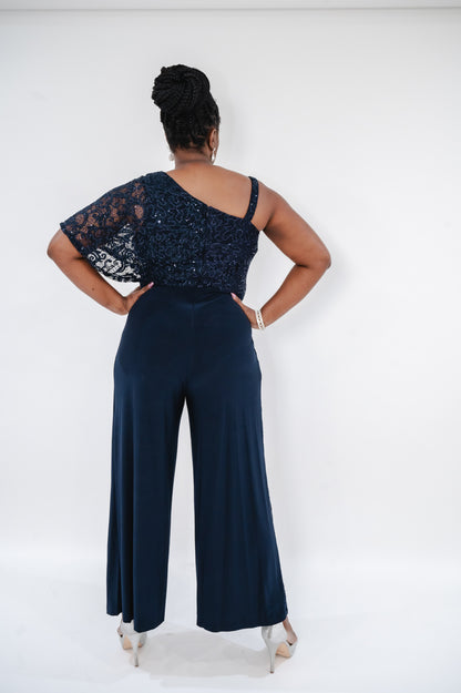 R & M RICHARDS One-Shoulder Metallic Jumpsuit