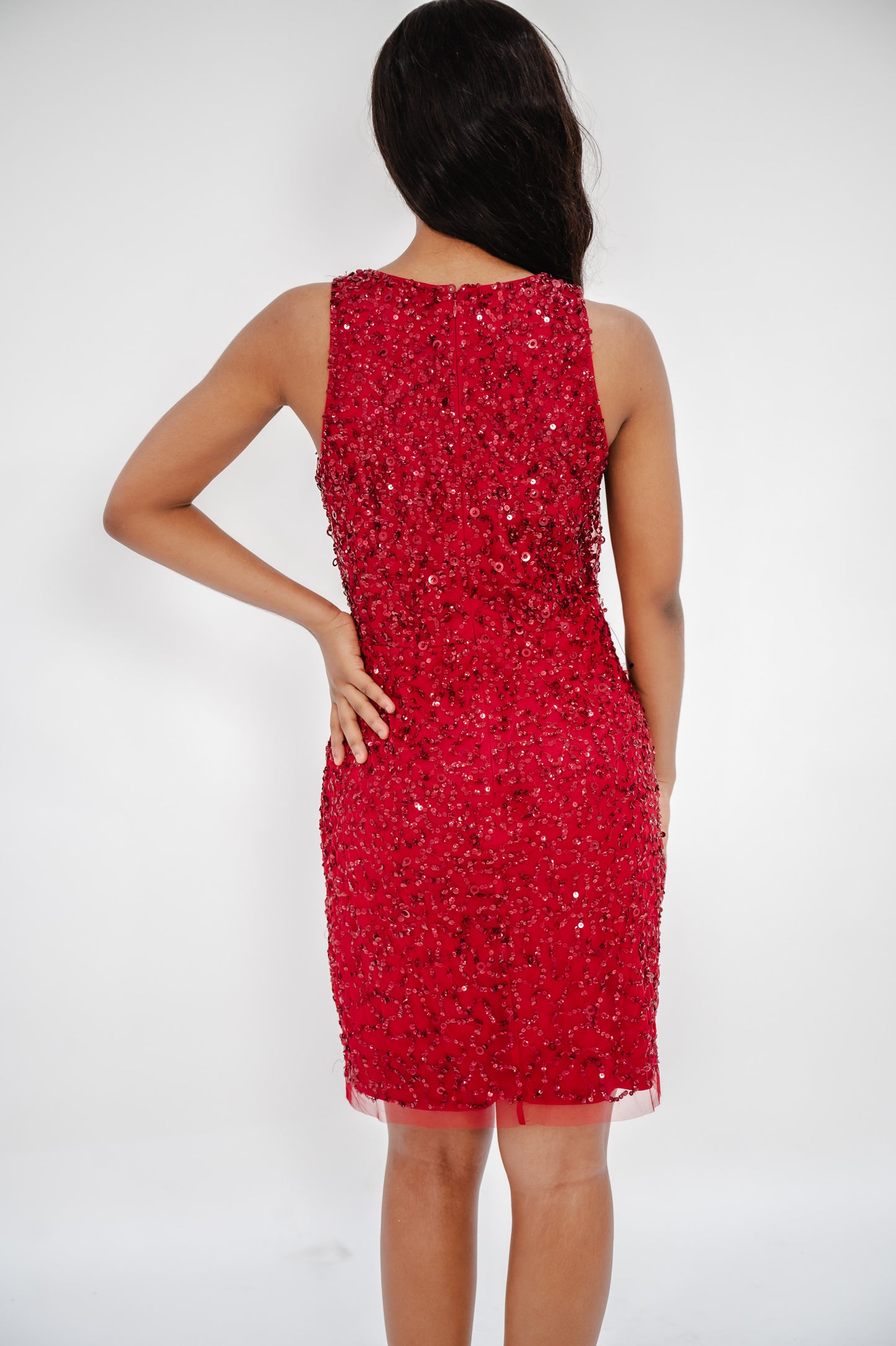 Adrianna Pappel Womens Sequined Knee Cocktail Dress Cranberry