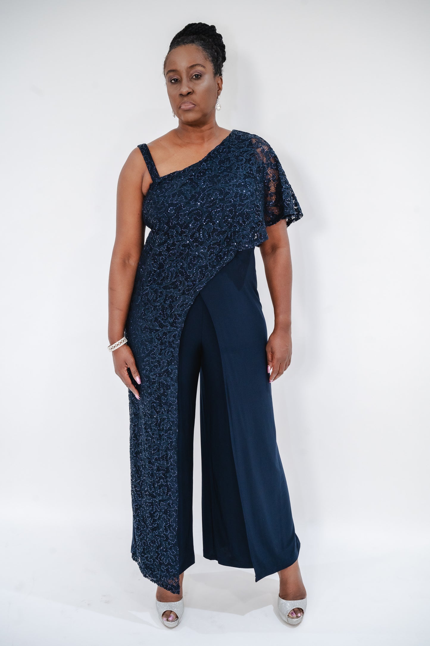 R & M RICHARDS One-Shoulder Metallic Jumpsuit